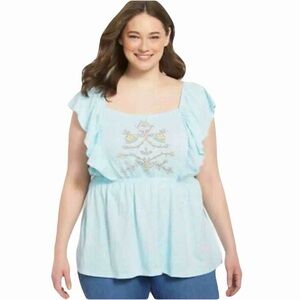 Lane Bryant Embroidered Babydoll Top Ruffle Sleeves Light Blue Size 18 20 NWT